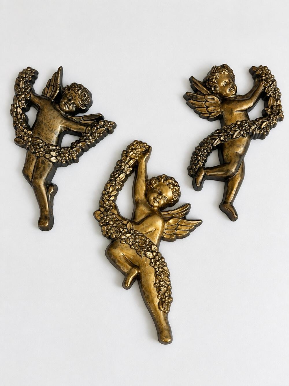 Vintage Syroco Inc 1997 Cherub Putti Wall Plaques Set 3 Made USA Gold Tone